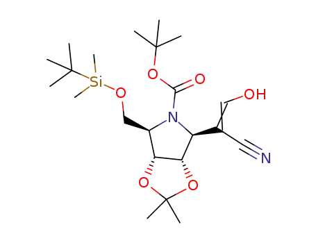 Molecular Structure of 222631-10-9 (5H-1,3-Dioxolo4,5-cpyrrole-5-carboxylic acid, 4-(1-cyano-2-hydroxyethenyl)-6-(1,1-dimethylethyl)dimethylsilyloxymethyltetrahydro-2,2-dimethyl-, 1,1-dimethylethyl ester, (3aS,4S,6R,6aR)-)