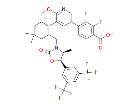 4-(3-(2-(((4S,5R)-5-(3,5-bis(trifluoromethyl)phenyl)-4-methyl-2-oxooxazolidin-3-yl)methyl)-4,4-dimethylcyclohex-1-enyl)-2-methoxypyridin-5-yl)-2,3-difluorobenzoic acid