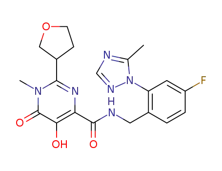 Molecular Structure of 1092544-72-3 (N-(4-fluoro-2-(5-methyl-1H-1,2,4-triazol-1-yl)benzyl)-5-hydroxy-1-methyl-6-oxo-2-(tetrahydrofuran-3-yl)-1,6-dihydropyrimidine-4-carboxamide)