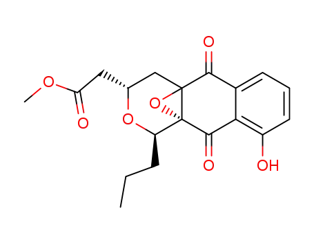 Molecular Structure of 10023-09-3 (4a,10a-Epoxy-1H-naphtho[2,3-c]pyran-3-aceticacid, 3,4,5,10-tetrahydro-9-hydroxy-5,10-dioxo-1-propyl-, methyl ester, [1R-(1a,3b,4ab,10ab)]- (9CI))