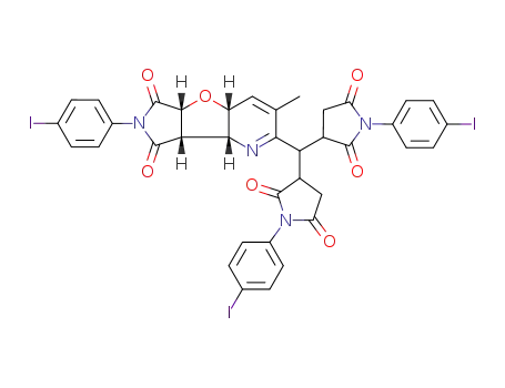 Molecular Structure of 134220-48-7 ((4aR,5aR,8aS,8bR)-2-{Bis-[1-(4-iodo-phenyl)-2,5-dioxo-pyrrolidin-3-yl]-methyl}-7-(4-iodo-phenyl)-3-methyl-4a,5a,8a,8b-tetrahydro-pyrrolo[3',4':4,5]furo[3,2-b]pyridine-6,8-dione)