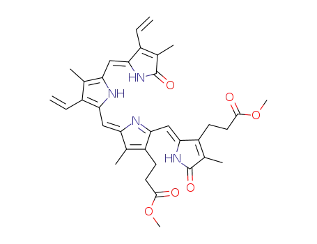 Molecular Structure of 26195-58-4 (21H-Biline-3,7-dipropanoicacid, 12,17-diethenyl-1,19,23,24-tetrahydro-2,8,13,18-tetramethyl-1,19-dioxo-,3,17-dimethyl ester)