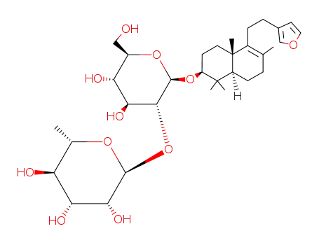 Molecular Structure of 100414-77-5 ([[2S,(-)]-5-[2-(3-Furanyl)ethyl]-1,2,3,4,4a,7,8,8aα-octahydro-1,1,4aβ,6-tetramethylnaphthalen-2β-yl]6-deoxy-2-O-β-D-glucopyranosyl-α-L-mannopyranoside)