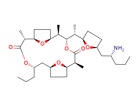 Molecular Structure of 482626-72-2 ((1R,2S,5S,6R,7S,10R,11R,14S,16S)-5-{(R)-1-[(2R,5S)-5-((R)-2-Amino-pentyl)-tetrahydro-furan-2-yl]-ethyl}-2,6,11-trimethyl-14-propyl-4,13,19,20-tetraoxa-tricyclo[14.2.1.1<sup>7,10</sup>]icosane-3,12-dione)