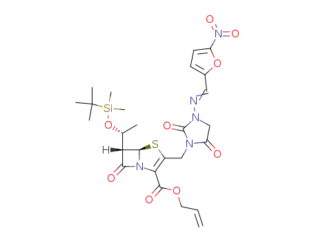 Molecular Structure of 103109-62-2 ((5R,6S)-6-[(R)-1-(tert-Butyl-dimethyl-silanyloxy)-ethyl]-3-(3-{[1-(5-nitro-furan-2-yl)-meth-(E)-ylidene]-amino}-2,5-dioxo-imidazolidin-1-ylmethyl)-7-oxo-4-thia-1-aza-bicyclo[3.2.0]hept-2-ene-2-carboxylic acid allyl ester)