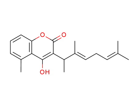 Molecular Structure of 101622-87-1 (4-Hydroxy-5-methyl-3-[(2E)-1,2,6-trimethyl-2,5-heptadienyl]-2H-1-benzopyran-2-one)