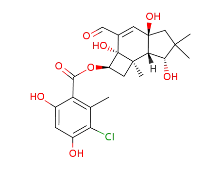 Molecular Structure of 117458-36-3 (Benzoic acid,3-chloro-4,6-dihydroxy-2-methyl-,(2R,2aS,4aR,7R,7aS,7bR)-3-formyl-2,2a,4a,5,6,7,7a,7b-octahydro-2a,4a,7-trihydroxy-6,6,7b-trimethyl-1H-cyclobut[e]inden-2-ylester)