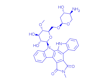 Molecular Structure of 102622-95-7 (5H-indolo[2,3-a]pyrrolo[3,4-c]carbazole-5,7(6H)-dione, 12-[6-O-(4-amino-2,4-dideoxy-alpha-L-threo-pentopyranosyl)-4-O-methyl-D-glucopyranosyl]-12,13-dihydro-6-methyl-)