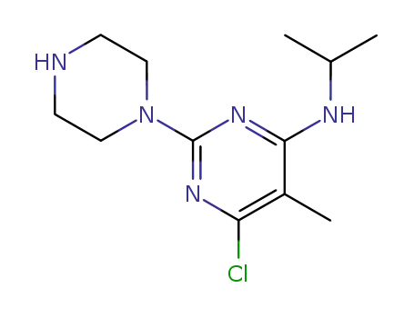 Molecular Structure of 102396-29-2 (6-chloro-5-methyl-2-(piperazin-1-yl)-N-(propan-2-yl)pyrimidin-4-amine)