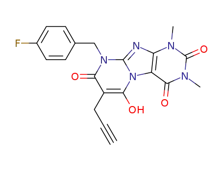 Molecular Structure of 102212-74-8 (Pyrimido[2,1-f]purine-2,4,8(1H,3H,9H)-trione,  9-[(4-fluorophenyl)methyl]-6-hydroxy-1,3-dimethyl-7-(2-propynyl)-  (9CI))