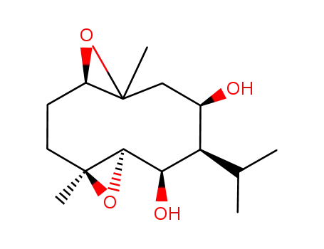 Molecular Structure of 102340-75-0 ((1R,4S,6S,7R,8R,9R,11R)-4,11-Dimethyl-8-(1-methylethyl)-5,12-dioxatricyclo[9.1.0.04,6]dodecane-7,9-diol)