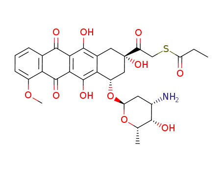 Molecular Structure of 101980-74-9 (S-(2-{4-[(3-amino-2,3,6-trideoxyhexopyranosyl)oxy]-2,5,12-trihydroxy-7-methoxy-6,11-dioxo-1,2,3,4,6,11-hexahydrotetracen-2-yl}-2-oxoethyl) propanethioate)