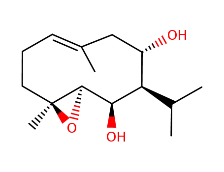 Molecular Structure of 102340-74-9 ((1S,2R,3R,4R,6E,10S)-6,10-Dimethyl-3-(1-methylethyl)-11-oxabicyclo[8.1.0]undec-6-ene-2,4-diol)