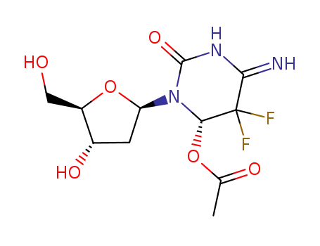 Molecular Structure of 119003-17-7 (Acetic acid (S)-5,5-difluoro-3-((2R,4S,5R)-4-hydroxy-5-hydroxymethyl-tetrahydro-furan-2-yl)-6-imino-2-oxo-hexahydro-pyrimidin-4-yl ester)