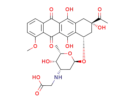 Molecular Structure of 103620-81-1 (({6-[(3-acetyl-3,5,12-trihydroxy-10-methoxy-6,11-dioxo-1,2,3,4,6,11-hexahydrotetracen-1-yl)oxy]-3-hydroxy-2-methyltetrahydro-2H-pyran-4-yl}amino)acetic acid (non-preferred name))