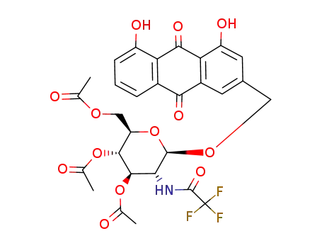 Molecular Structure of 102830-97-7 (2-<<3,4,6-tri-O-acetyl-2-deoxy-2-<(trifluoroacetyl)amino>-β-D-glucosyloxy>methyl>-9,10-dihydro-9,10-anthracenedione)