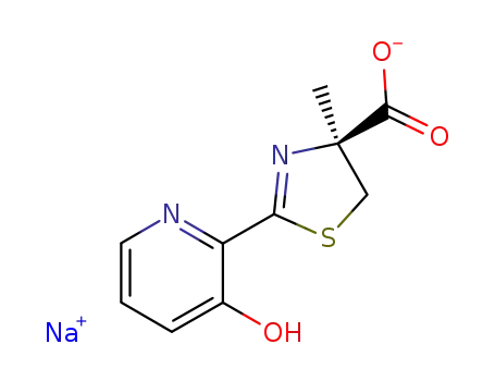 Molecular Structure of 105635-69-6 (4-Thiazolecarboxylicacid, 4,5-dihydro-2-(3-hydroxy-2-pyridinyl)-4-methyl-, sodium salt (1:1), (4S)-)
