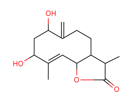 Molecular Structure of 117232-58-3 (Cyclodeca[b]furan-2(3H)-one,3a,4,5,6,7,8,9,11a-octahydro-7,9-dihydroxy-3,10-dimethyl-6-methylene-,(3S,3aS,7R,9S,10E,11aS)-)
