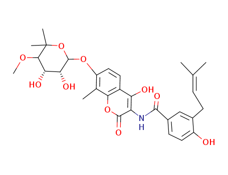 Benzamide,N-[7-[(6-deoxy-5-C-methyl-4-O-methyl-a-L-lyxo-hexopyranosyl)oxy]-4-hydroxy-8-methyl-2-oxo-2H-1-benzopyran-3-yl]-4-hydroxy-3-(3-methyl-2-buten-1-yl)-
