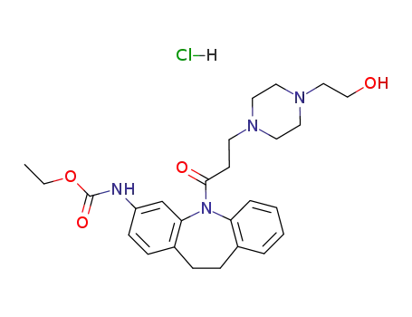 Molecular Structure of 105774-14-9 (ethyl (5-{3-[4-(2-hydroxyethyl)piperazin-1-yl]propanoyl}-10,11-dihydro-5H-dibenzo[b,f]azepin-3-yl)carbamate hydrochloride)