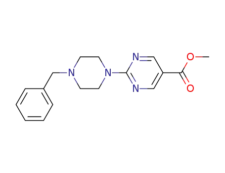 Molecular Structure of 1133784-12-9 (5-PyriMidinecarboxylic acid, 2-[4-(phenylMethyl)-1-piperazinyl]-, Methyl ester)