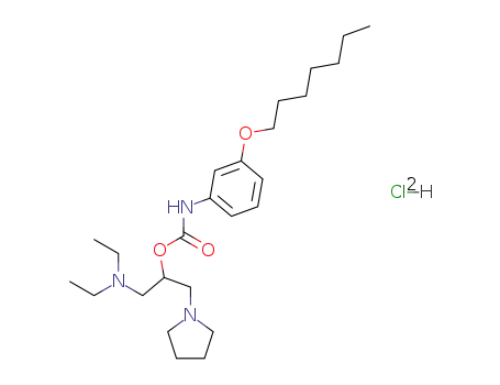 Molecular Structure of 105404-42-0 (diethyl-[2-[(3-heptoxyphenyl)carbamoyloxy]-3-(2,3,4,5-tetrahydropyrrol -1-yl)propyl]azanium dichloride)