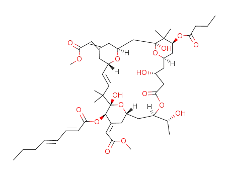 Molecular Structure of 107021-10-3 (2,4-Octadienoic acid, (1S,3S,5Z,7R,8E,11S,12S,13E,15S,17R,21R,23R,25S)-1,11,21-trihydroxy-17-(1R)-1-hydroxyethyl-5,13-bis(2-methoxy-2-oxoethylidene)-10,10,26,26-tetramethyl-19-oxo-25-(1-oxobutoxy)-18,27,28,29-tetraoxatetracyclo21.3.1.13,7.111,15nonacos-8-)