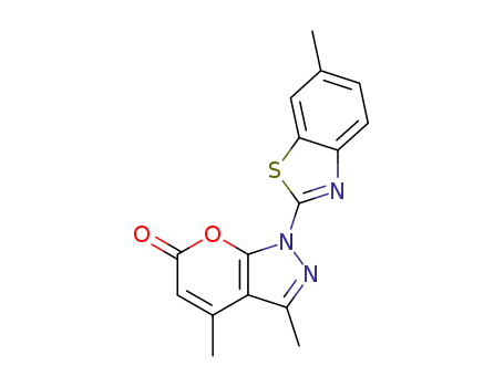 Molecular Structure of 106531-84-4 (3,4-dimethyl-1-(6-methyl-1,3-benzothiazol-2-yl)pyrano[2,3-c]pyrazol-6(1H)-one)