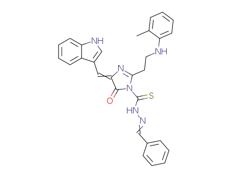 Molecular Structure of 109911-97-9 (1H-Imidazole-1-carbothioic acid, 4,5-dihydro-4-(1H-indol-3-ylmethylene )-2-(2-((2-methylphenyl)amino)ethyl)-5-oxo-, (phenylmethylene)hydrazid e)