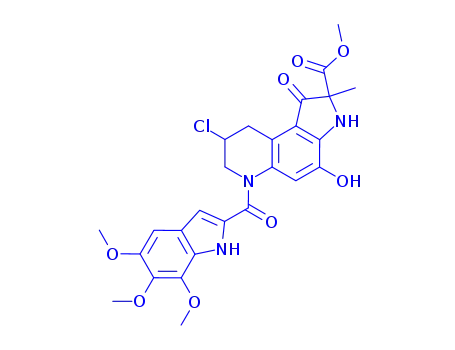 Molecular Structure of 118292-35-6 (1H-Pyrrolo3,2-fquinoline-2-carboxylic acid, 8-chloro-2,3,6,7,8,9-hexahydro-4-hydroxy-2-methyl-1-oxo-6-(5,6,7-trimethoxy-1H-indol-2-yl)carbonyl-, methyl ester, (2R,8S)-)