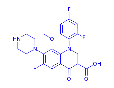 Molecular Structure of 114213-72-8 (1-(2,4-difluorophenyl)-6-fluoro-8-methoxy-4-oxo-7-piperazin-1-yl-1,4-dihydroquinoline-3-carboxylic acid)