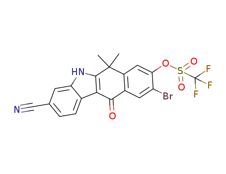 Molecular Structure of 1256579-48-2 (trifluoro-methane sulfonic acid 9-bromo-3-cyano-6,6-dimethyl-11-oxo-6,11-dihydro-5H-benzo[b]carbazol-8-yl ester)