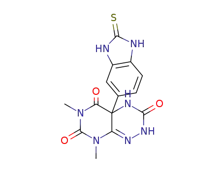 Molecular Structure of 113458-70-1 (6,8-dimethyl-4a-(2-thioxo-2,3-dihydro-1H-benzimidazol-5-yl)-2,4,4a,8-tetrahydropyrimido[5,4-e][1,2,4]triazine-3,5,7(6H)-trione)