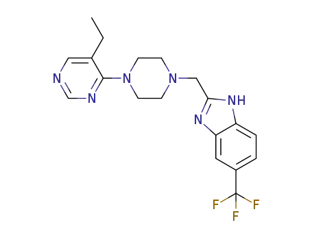 Molecular Structure of 1255517-76-0 (2-[[4-(5-Ethylpyrimidin-4-yl)piperazin-1-yl]methyl]-5-(trifluoromethyl)-1H-benzo[d]imidazole)