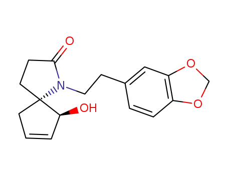 Molecular Structure of 114942-77-7 (N-<2-<3,4-(methylenedioxy)phenyl>ethyl>-6α-hydroxy-2-oxo-1β-azaspiro<4.4>non-7-ene)
