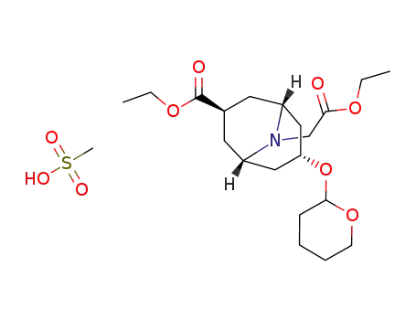 Molecular Structure of 889135-54-0 (7-ethoxycarbonyl-9-(ethoxycarbonyl-methyl)-3-(2-tetrahydro-2H-pyranyloxy)-9-azabicyclo[3.3.1]nonane methanesulfonate)