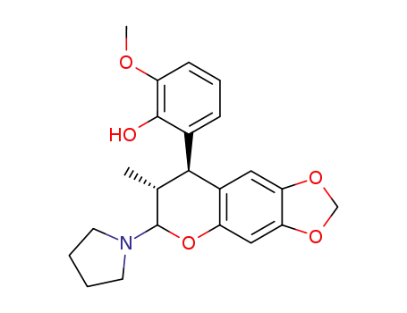 Molecular Structure of 116408-98-1 (2-methoxy-6-[7-methyl-6-(pyrrolidin-1-yl)-7,8-dihydro-6H-[1,3]dioxolo[4,5-g]chromen-8-yl]phenol)