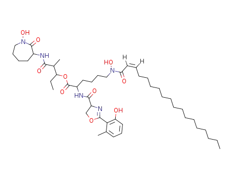 Molecular Structure of 1264-66-0 (1-ethyl-3-[(1-hydroxy-2-oxoazepan-3-yl)amino]-2-methyl-3-oxopropyl N~6~-hydroxy-N~2~-{[(2E)-2-(2-methyl-6-oxocyclohexa-2,4-dien-1-ylidene)-1,3-oxazolidin-4-yl]carbonyl}-N~6~-[(2Z)-octadec-2-enoyl]lysinate)