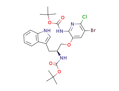Molecular Structure of 1131041-74-1 (1,1-dimethylethyl (5-bromo-6-chloro-3-{[(2S)-2-({[(1,1-dimethylethyl)oxy]carbonyl}amino)-3-(1H-indol-3-yl)propyl]oxy}-2-pyridinyl)carbamate)