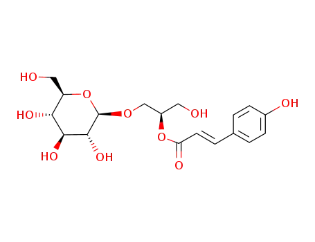 Molecular Structure of 126239-77-8 (b-D-Glucopyranoside,(2R)-3-hydroxy-2-[[(2E)-3-(4-hydroxyphenyl)-1-oxo-2-propenyl]oxy]propyl (9CI))