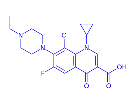 Molecular Structure of 116020-28-1 (8-chloro-1-cyclopropyl-7-(4-ethylpiperazin-1-yl)-6-fluoro-4-oxo-1,4-dihydroquinoline-3-carboxylic acid)