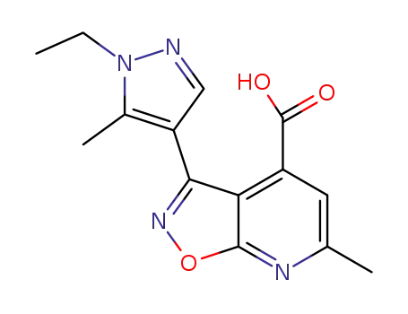Molecular Structure of 1171943-74-0 (3-(1-Ethyl-5-methyl-pyrazol-4-yl)-6-methyl-isoxazolo[5,4-b]pyridine-4-carboxylic acid)