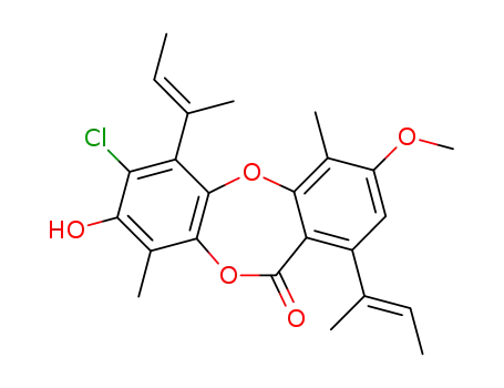 Molecular Structure of 117032-55-0 (7-chloro-8-hydroxy-3-methoxy-4,9-dimethyl-1,6-bis[(1E)-1-methylprop-1-en-1-yl]-11H-dibenzo[b,e][1,4]dioxepin-11-one)