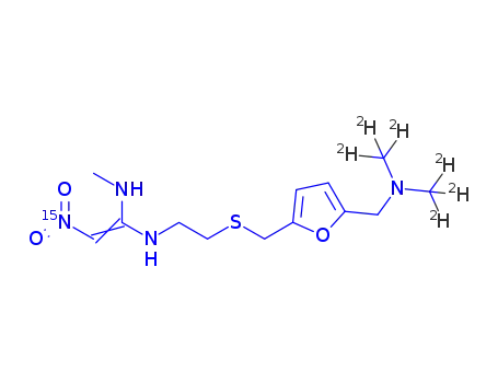 Molecular Structure of 1185514-83-3 ((E/Z)-N-(2-{[(5-{[bis(<sup>2</sup>H<sub>3</sub>methyl)amino]methyl}furan-2-yl)-methyl]thio}ethyl)-N'-methyl-2-[<sup>15</sup>N]nitroethene-1,1-diamine)