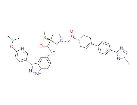 Molecular Structure of 1184173-73-6 ((S)-N-(3-(6-isopropoxypyridin-3-yl)-1H-indazol-5-yl)-1-(2-(4-(4-(1-methyl-1H-1,2,4-triazol-3-yl)phenyl)-3,6-dihydropyridin-1(2H)-yl)-2-oxoethyl)-3-(methylthio)pyrrolidine-3-carboxamide)