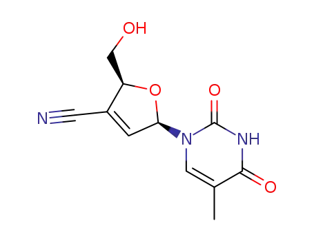 Molecular Structure of 118222-08-5 ((2S,5R)-2-(hydroxymethyl)-5-(5-methyl-2,4-dioxo-3,4-dihydropyrimidin-1(2H)-yl)-2,5-dihydrofuran-3-carbonitrile)