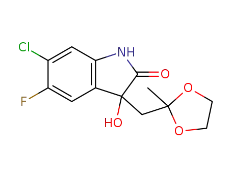 Molecular Structure of 1458665-07-0 (6-chloro-5-fluoro-3-hydroxy-3-(2-methyl-[1,3]dioxolan-2-ylmethyl)-1,3-dihydro-indol-2-one)