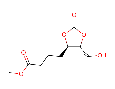 Molecular Structure of 127705-17-3 (4-((4R,5R)-5-Hydroxymethyl-2-oxo-[1,3]dioxolan-4-yl)-butyric acid methyl ester)