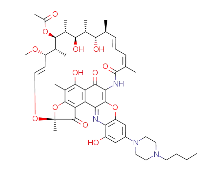 Molecular Structure of 129791-91-9 ((2S,16Z,18E,20S,21S,22R,23R,24R,25S,26R,27S,28E)-10-(4-butylpiperazin-1-yl)-5,12,21,23-tetrahydroxy-27-methoxy-2,4,16,20,22,24,26-heptamethyl-1,6,15-trioxo-1,2-dihydro-6H,13H-2,7-(epoxypentadeca[1,11,13]trienoazeno)[1]benzofuro[4,5-a]phenoxazin-25-yl acet)