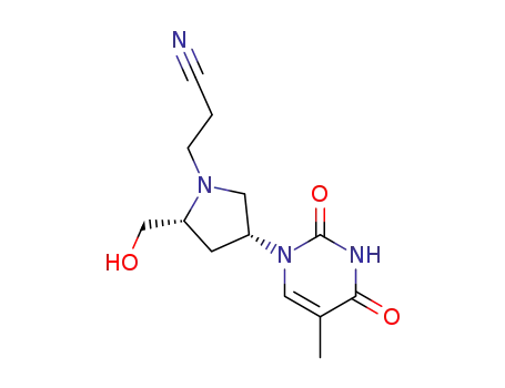 Molecular Structure of 121330-13-0 (3-[(2R,4R)-2-(hydroxymethyl)-4-(5-methyl-2,4-dioxo-3,4-dihydropyrimidin-1(2H)-yl)pyrrolidin-1-yl]propanenitrile)